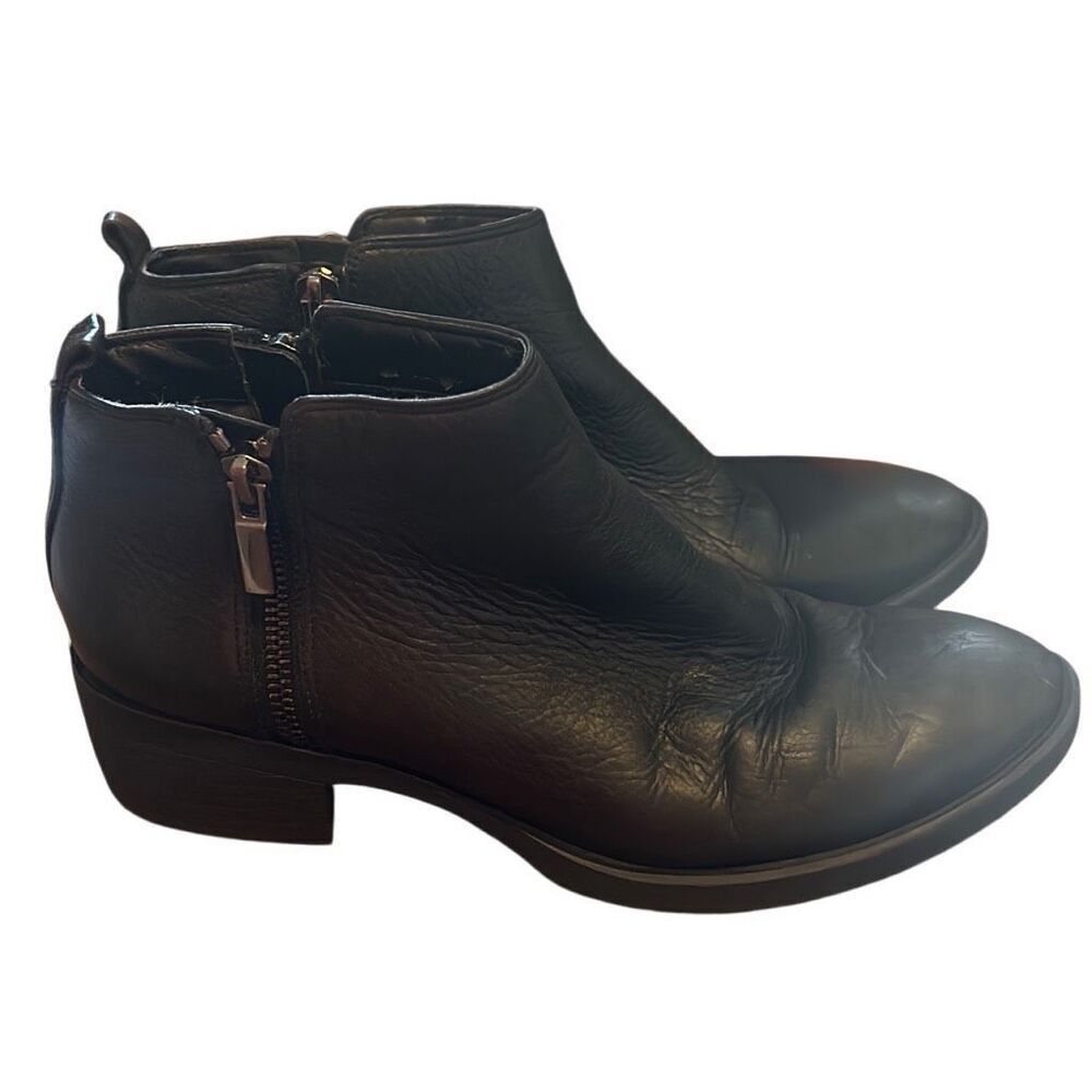 Black Leather Ankle Boots Side Zip Stacked Heel Casual Everyday Shoes